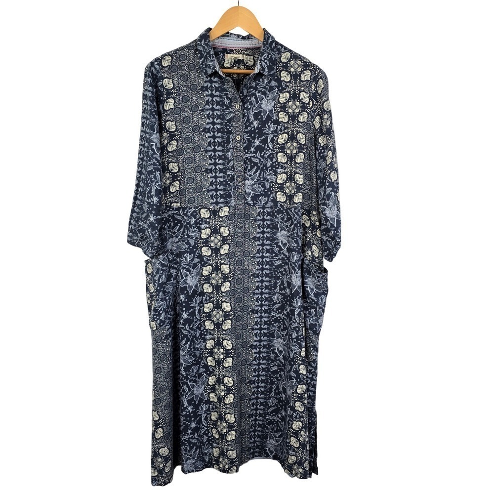 White Stuff Women's Blue Rosie Linen Patchwork Midi Shirt Dress US 12